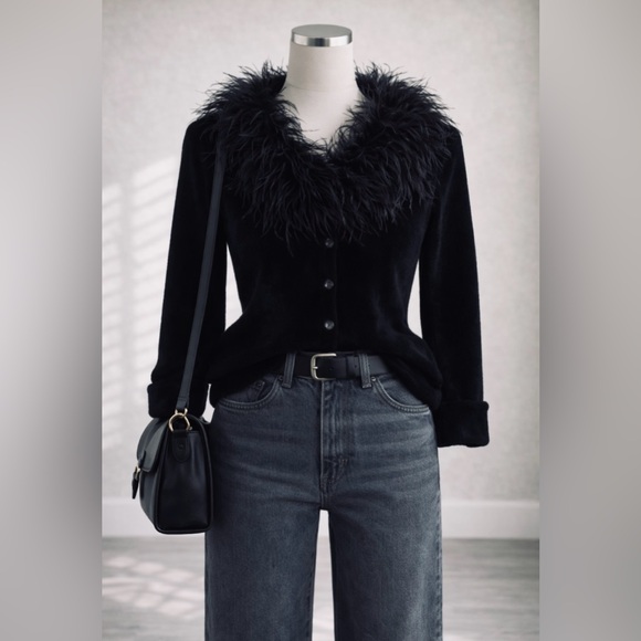 REAL Feather Trim 🪶 Valerie Stevens Black Chenille Luxe Cardigan ✨ - Picture 2 of 6